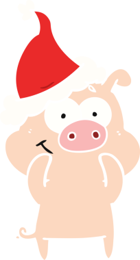 Mutlu el çizimi düz renk çizimi Noel Baba şapkası takan bir domuzun insan tarafından çizilmiş.
