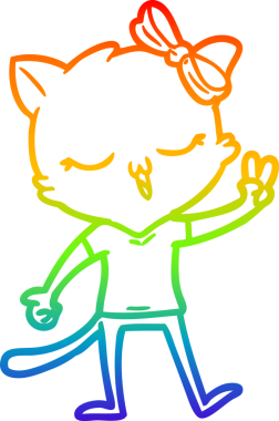 Gökkuşağı gradyan çizgi çizimi, kafasında yay olan çizgi film kedisi, bir insan tarafından çizilmiş barış işareti.