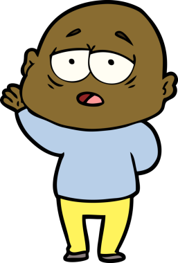 Bir insan tarafından çizilmiş yorgun, kel bir adam.