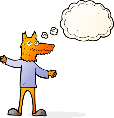 Bir insan tarafından çizilmiş düşünce balonlu tilki adam.