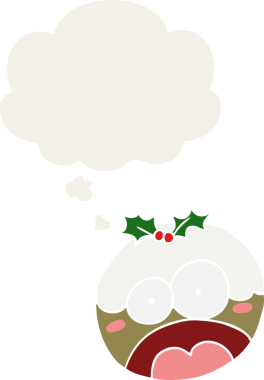 Bir insan tarafından çizilmiş düşünce baloncuğuyla Noel pudingini şok eden bir çizgi film.