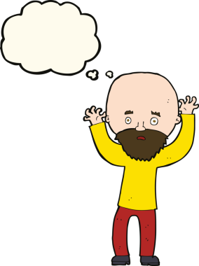 Karikatür sakallı adam bir insan tarafından çizilmiş düşünce balonuyla panikliyor.