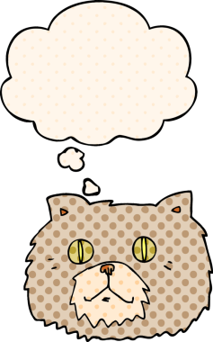 Çizgi roman tarzında bir insan tarafından çizilmiş düşünce baloncuklu kedi yüzü.