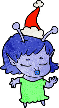 Sevimli uzaylı kız el çizimi Noel Baba şapkası giymiş bir insan tarafından çizilmiş