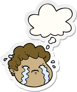 Bir insan tarafından çizilmiş bir çıkartma gibi düşünce balonlu ağlayan çocuk.