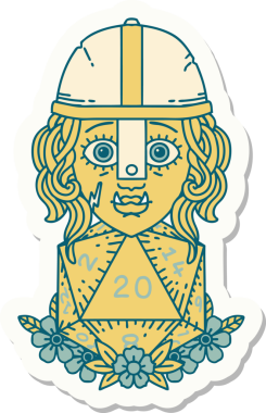 Bir insan tarafından çizilmiş 20 zarlı yarı ork savaşçı karakterinin çıkartması.