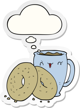 Düşünce baloncuklu kahve ve çörekler insan tarafından çizilmiş bir çıkartma gibi.