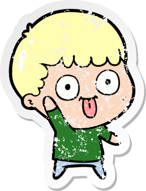 distressed sticker of a cartoon dumb kid drawn by a human