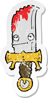 Bir insan tarafından çizilmiş kanlı bıçaklı çizgi film karakterinin gerilimli retro çıkartması.