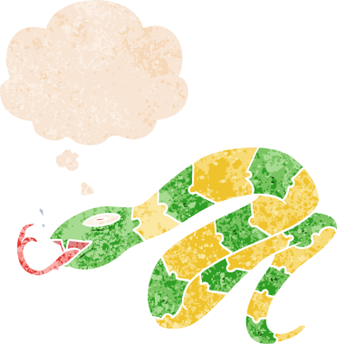 Düşünce baloncuklu çizgi film tıslayan yılan bir insan tarafından çizilmiş dertli retro tarzı