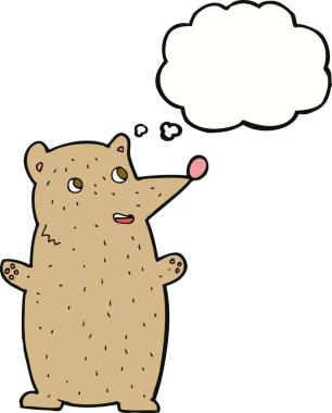 Bir insan tarafından çizilmiş düşünce baloncuklu komik çizgi film ayısı.