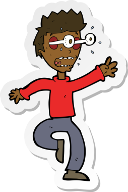 Karikatür çıkartması. Bir insan tarafından çizilmiş gözleri olan korkmuş bir adam.