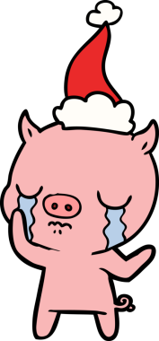 Bir insan tarafından çizilmiş Noel Baba şapkasıyla ağlayan bir domuzun el çizimi.