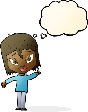 Bir insan tarafından çizilmiş düşünce baloncuğu fikri olan karikatür kadın.