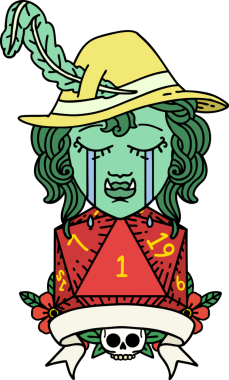 Retro Dövme Tarzı Ağlayan Ork Ozan Karakteri Bir insan tarafından çizilmiş doğal bir D20 rulo