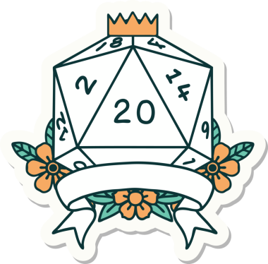 Bir insan tarafından çizilmiş 20 kritik vuruşluk D20 zar etiketi.