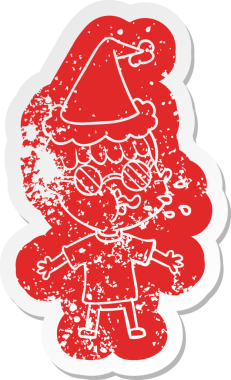 Garip bir çizgi film. Gözlük takan, Noel Baba şapkası takan, insan tarafından çizilmiş bir çocuğun çıkartması.