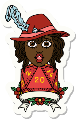 Bir insan ozan karakterinin çıkartması. Bir insan tarafından çizilmiş doğal 20 zar.