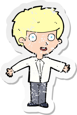 Bir insan tarafından çizilen mutlu çocuk çizgi filminin kederli retro yapıştırması.