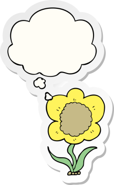 Düşünce baloncuklu karikatür çiçeği insan tarafından çizilmiş bir çıkartma gibi.