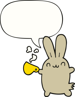 Sevimli çizgi film tavşanı bir insan tarafından çizilmiş konuşma balonlu kahve içiyor.