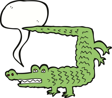 Bir insan tarafından çizilmiş konuşma balonlu çizgi film timsahı.