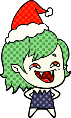 Bir insan tarafından çizilmiş Noel Baba şapkası giymiş gülen vampir bir kızın el çizimi çizgi roman çizimi.