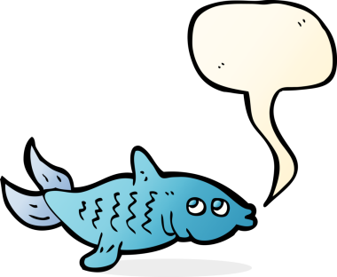 Bir insan tarafından çizilmiş konuşma balonlu çizgi film balığı.