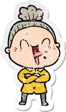 Bir insan tarafından çizilmiş mutlu, yaşlı bir kadının sıkıntılı çıkartması.