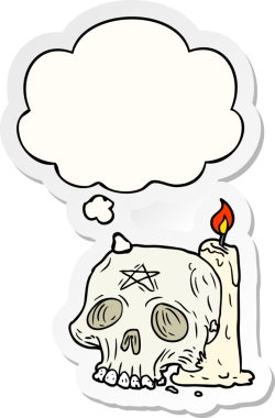 İnsan tarafından çizilmiş bir çıkartma olarak düşünce baloncuğu ve mumu olan garip kafatası çizgi filmi.