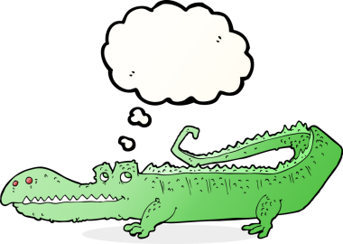 Bir insan tarafından çizilmiş düşünce baloncuklu timsah çizgi filmi.