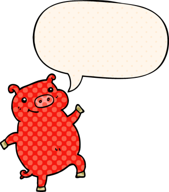 Bir insan tarafından çizilmiş çizgi roman tarzında konuşma balonlu dans eden domuz.