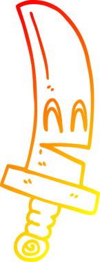 Bir çizgi filmin sıcak çizgi çizimi bir insan tarafından çizilmiş sihirli bir kılıç.