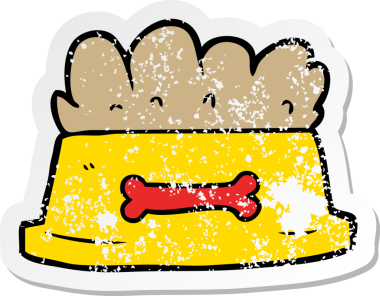 Bir insan tarafından çizilmiş köpek maması dolu çizgi film etiketi.