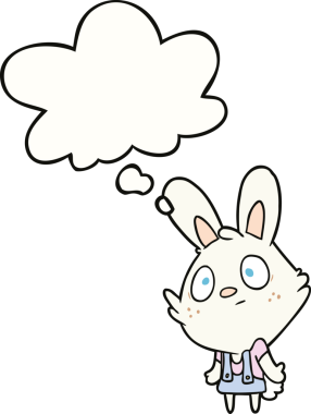 Bir insan tarafından çizilmiş düşünce kabarcığıyla omuz silken çizgi film tavşanı.
