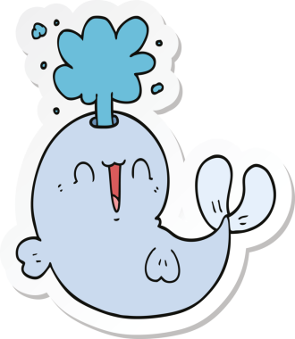 Bir insan tarafından çizilmiş su püskürten bir karikatür balinasının etiketi.