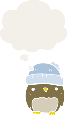 Şapkalı şirin bir baykuş. Düşünce baloncuğu insan tarafından çizilmiş.