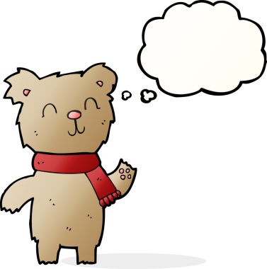 Bir insan tarafından çizilmiş düşünce baloncuklu şirin oyuncak ayı.