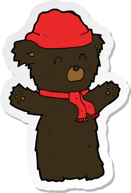 Bir insan tarafından çizilmiş şapka ve eşarplı şirin siyah ayının çıkartması.