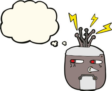 Bir insan tarafından çizilmiş düşünce baloncuklu robot kafası.