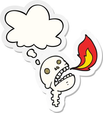 Bir insan tarafından çizilmiş bir çıkartma olarak düşünce baloncuğu olan ürkütücü cadılar bayramı kafatası çizgi filmi.