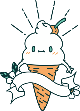 Bir insan tarafından çizilmiş dövmeli bir dondurma karakteri.