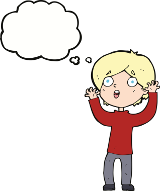 Bir insan tarafından çizilmiş düşünce baloncuğu olan korkmuş bir adam.