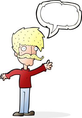 Bir insan tarafından çizilmiş konuşma balonlu bıyıklı çizgi film adamı.