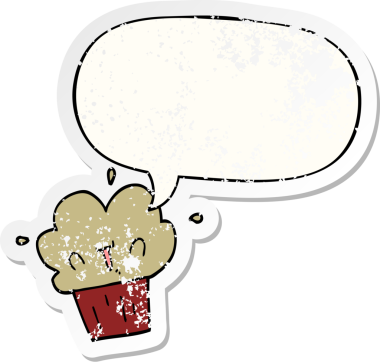 Konuşma balonlu çizgi film keki bir insan tarafından çizilmiş sıkıntılı eski bir çıkartma