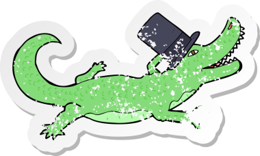 Bir insan tarafından çizilmiş silindir şapkalı timsah çizgi film çıkartması.