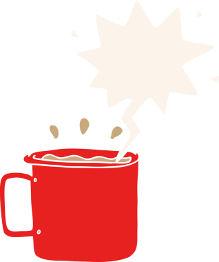 Bir insan tarafından çizilmiş, içinde retro tarzı konuşma balonu olan bir kahve fincanı.