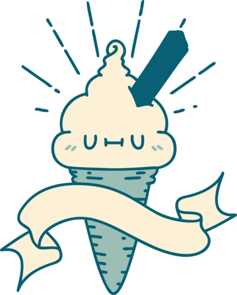 Bir insan tarafından çizilmiş dövmeli bir dondurma karakteri.