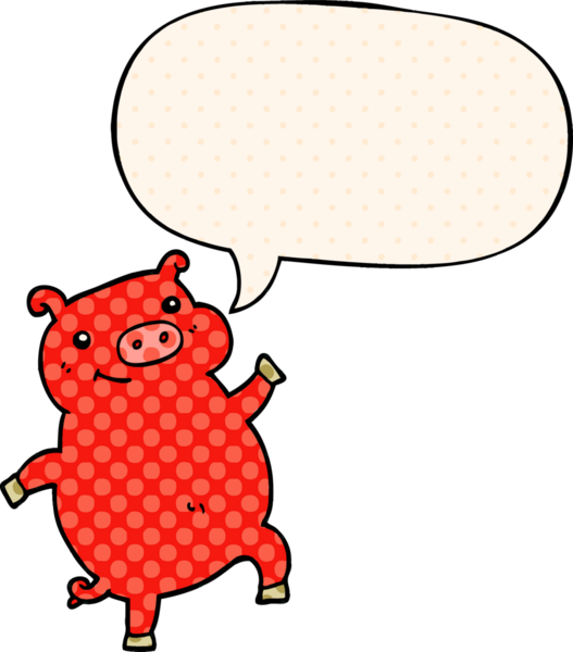 Bir insan tarafından çizilmiş çizgi roman tarzında konuşma balonlu dans eden domuz.