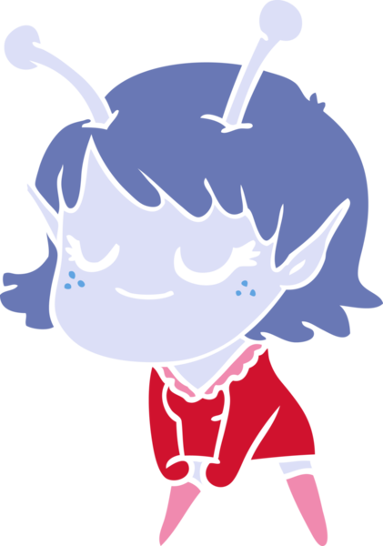 Gülümseyen uzaylı kız düz renkli çizgi film bir insan tarafından çizildi.